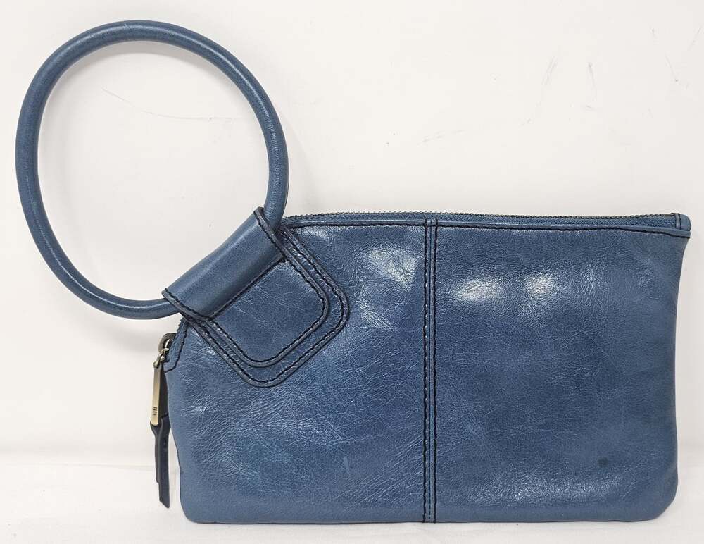 HOBO Sable Clutch Leather Wristlet Blue Circular Handle Brass Tone Hardware
